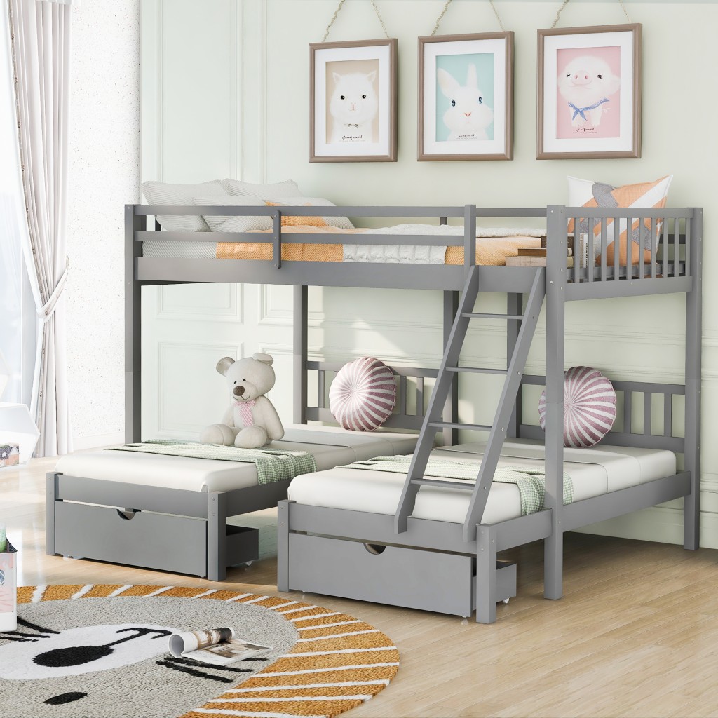 403637 Gray Full Over Double Twin Triple Bunk Beds with Drawers -  HomeRoots