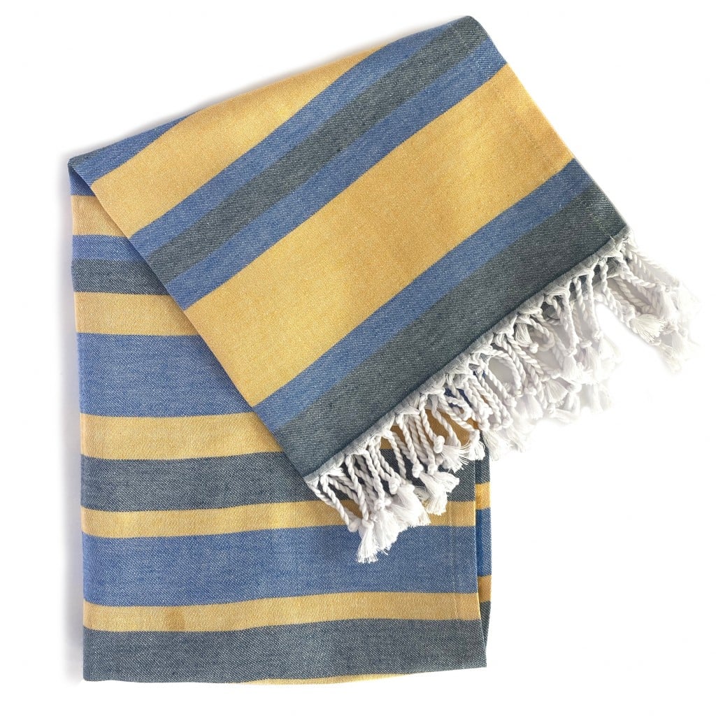 401821 Denim & Yellow Striped Design Turkish Beach Blanket, Multi Color