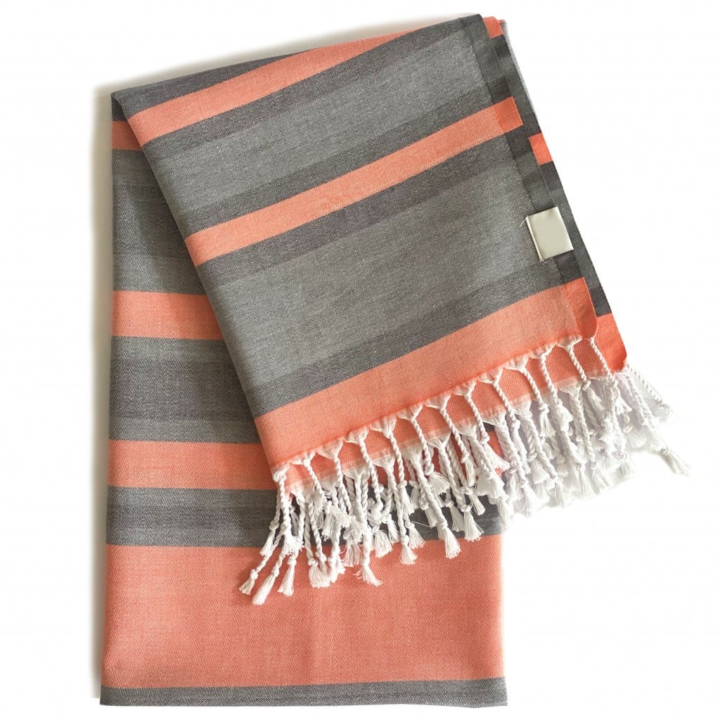 401822 Peach & Dark Grey Striped Design Turkish Beach Blanket, Multi Color