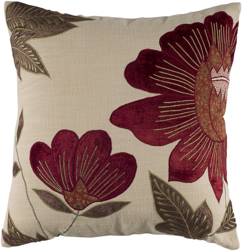 Red & Beige Floral Down Filled Throw Pillow, Beige