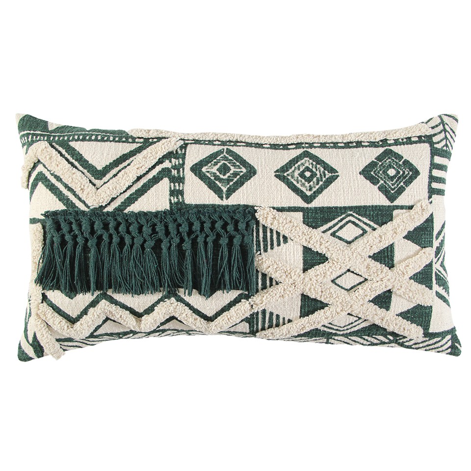 403451 Ivory & Green Geometric Boho Chic Lumbar Pillow