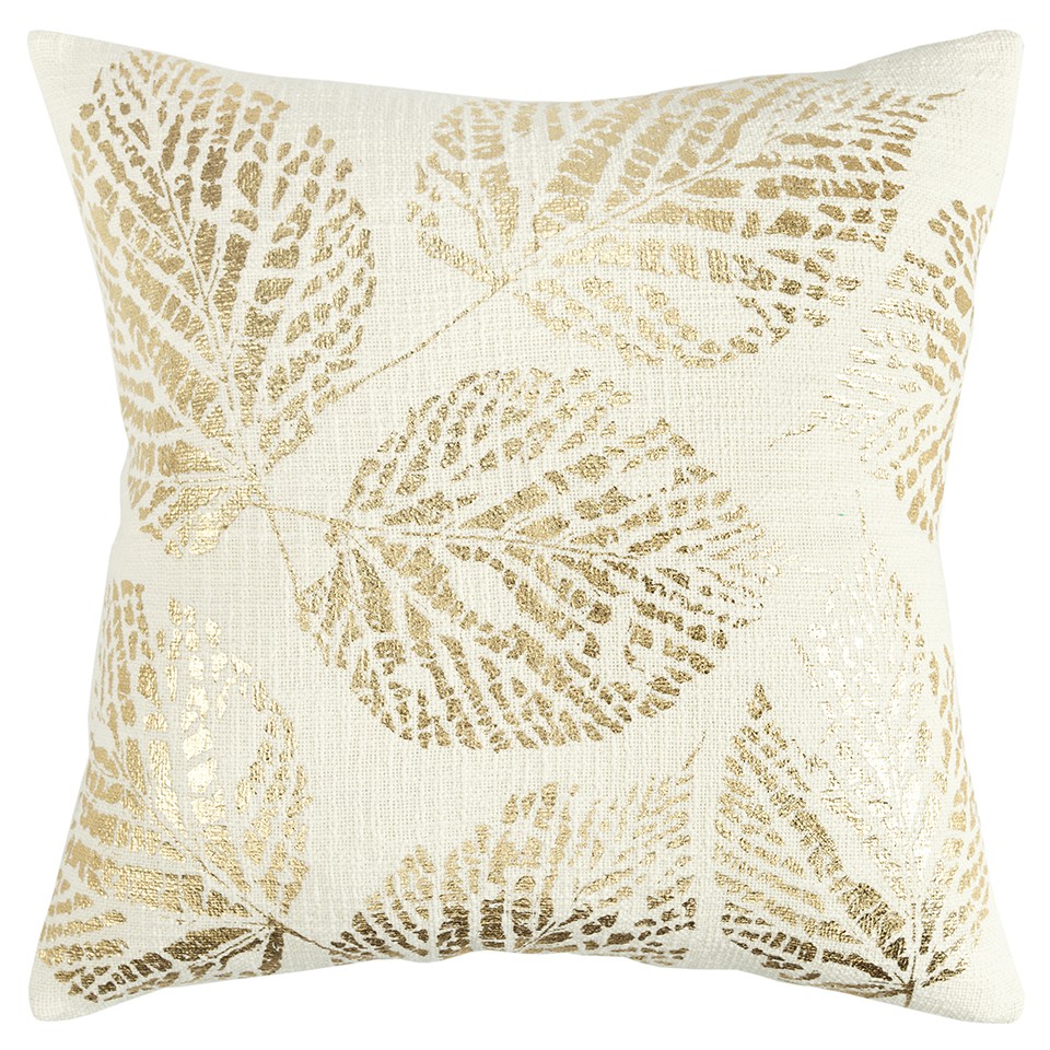 403480 Ivory Gold Metallic Foil Leaf Pattern Throw Pillow