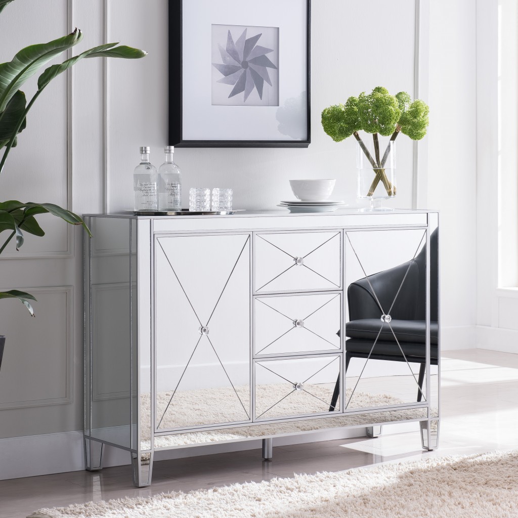 401707 Glamorous Mirrored Bling Multi Storage Accent Cabinet, Silver
