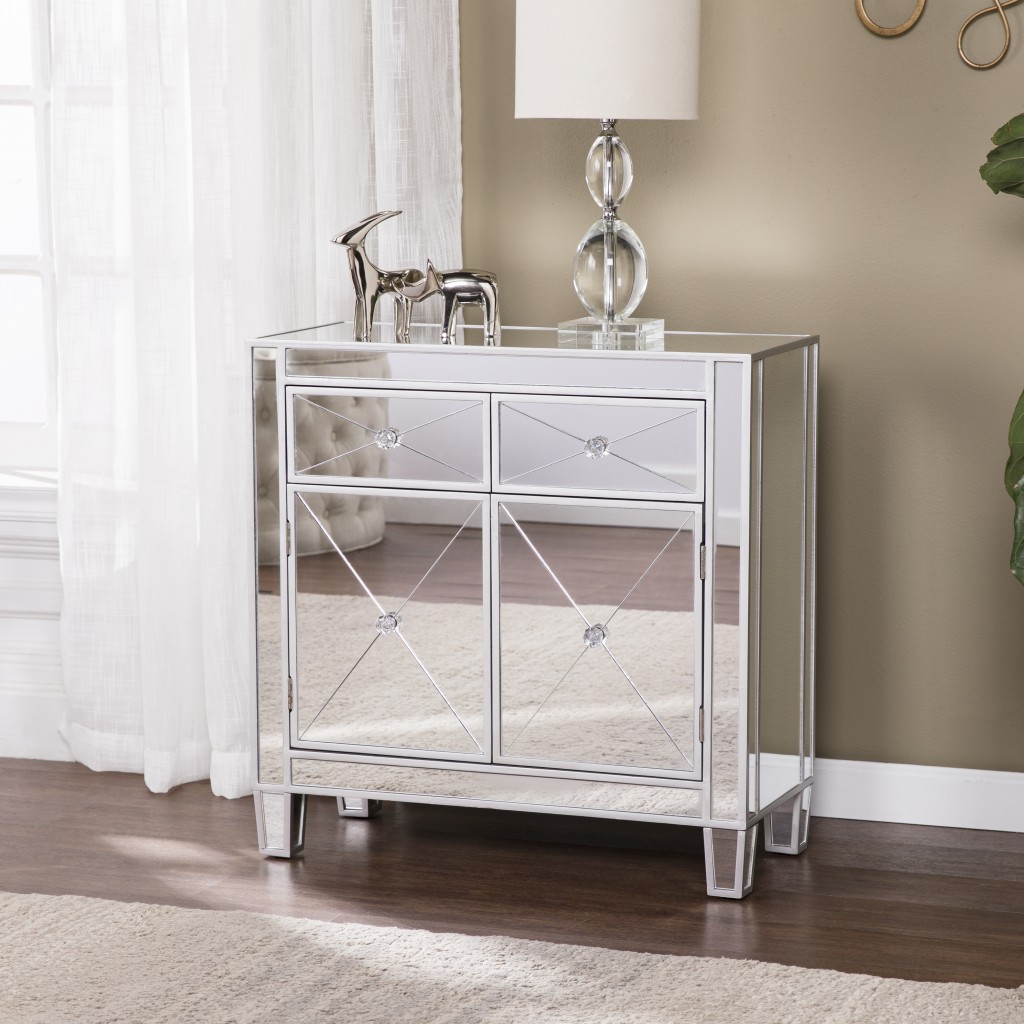 Glamorous Mirrored Bling Two Door Storage Accent Cabinet, Silver