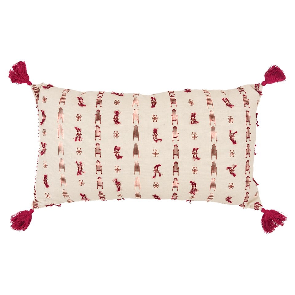 Red & Beige Tribal Inspired Tasseled Lumbar Pillow, Natural