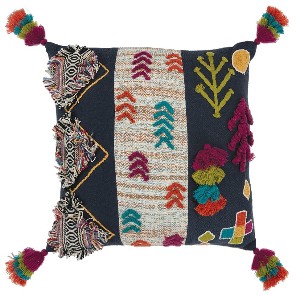 Navy Tribal Motifs Embroidered Throw Pillow, Multi Color