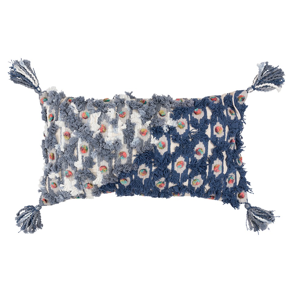 Blue & Gray Diagonal Tufted Tassel Lumbar Pillow, Multi Color