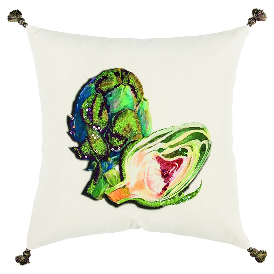 White Green Embroidered Artichoke Throw Pillow, Multi Color
