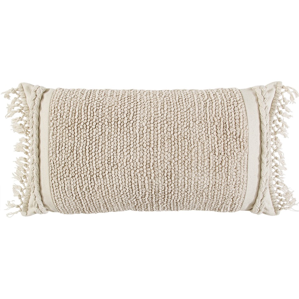Ivory Braided Stripe Macrame Fringe Lumbar Pillow, Natural