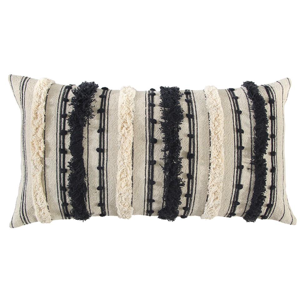 Beige & Black Eyelash Fringe Textured Lumbar Pillow, Natural