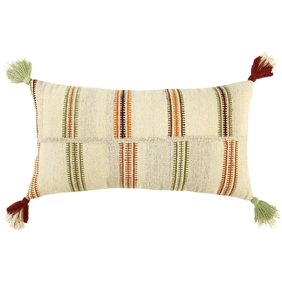 403447 Cream Accent Striped Boho Chic Lumbar Pillow, Multi Color