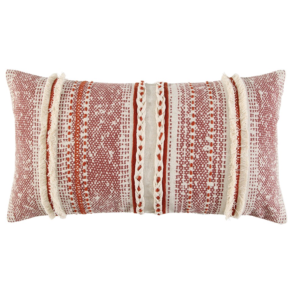 403450 Brown & Beige textural Bands Lumbar Pillow, Rust & Natural