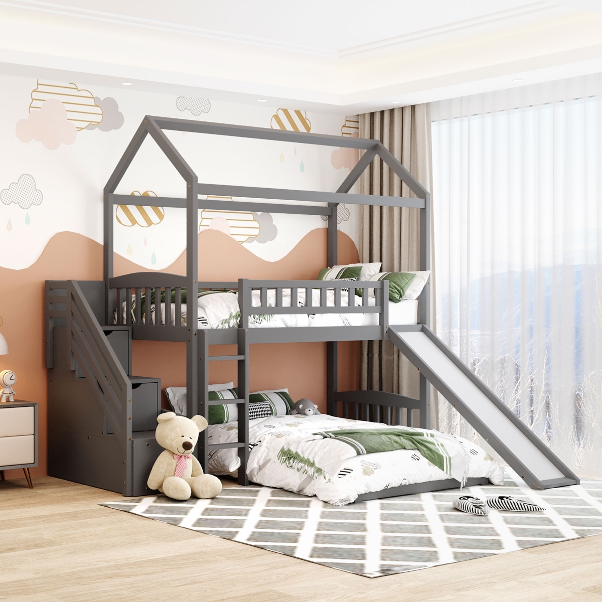 Gray Twin Size Over Play House Perpendicular Bunk Bed with Slide -  Gfancy Fixtures, GF3677625