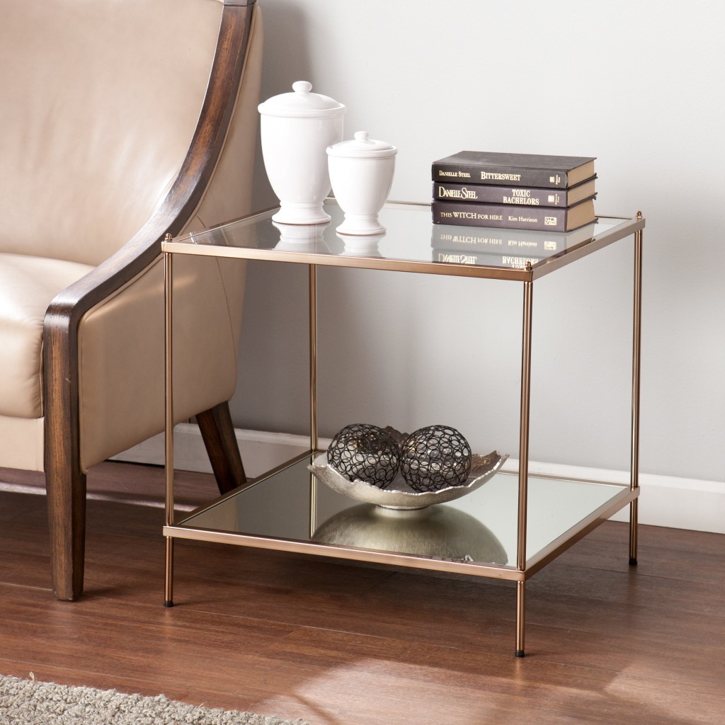 22 in. Glass & Iron Square Mirrored End Table, Gold