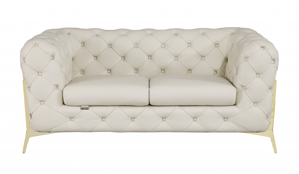 69 in. All Over Tufted Italian & Gold Leather Loveseat, Beige