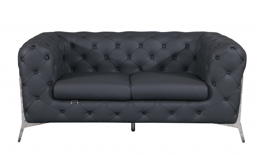 477574 69 in. All Over Tufted Italian Leather & Chrome Loveseat, Dark Gray