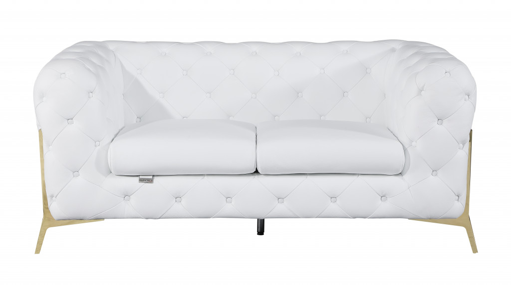 69 in. All Over Tufted Italian & Gold Leather Loveseat, White
