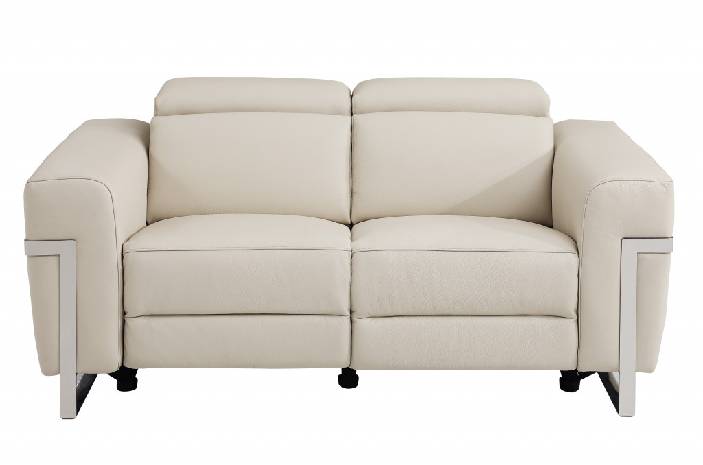 482202 65 in. Italian Leather & Stainless Reclining Loveseat, Beige