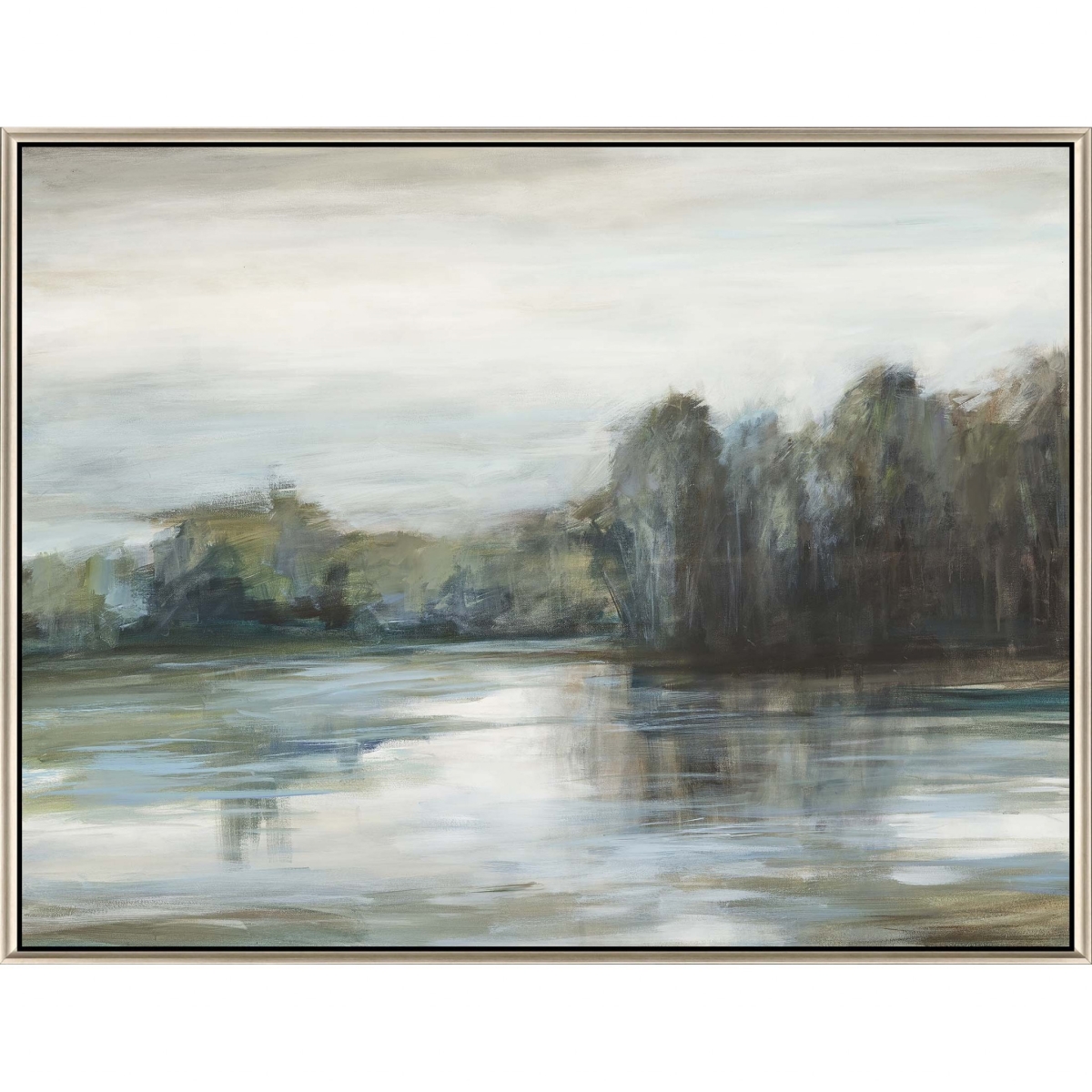 Serenitys Edge Lakeside Landscape Silver Floater Frame Print Wall Art, Blue