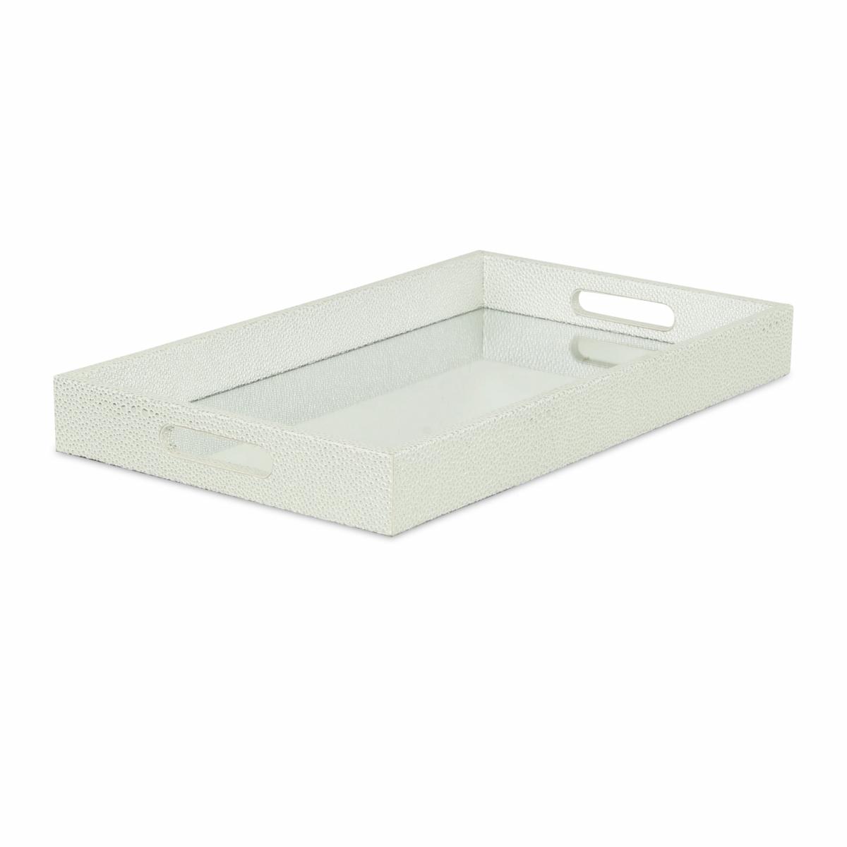 16 in. Rectangular Wood Handmade Tray with Handles, White & Silver