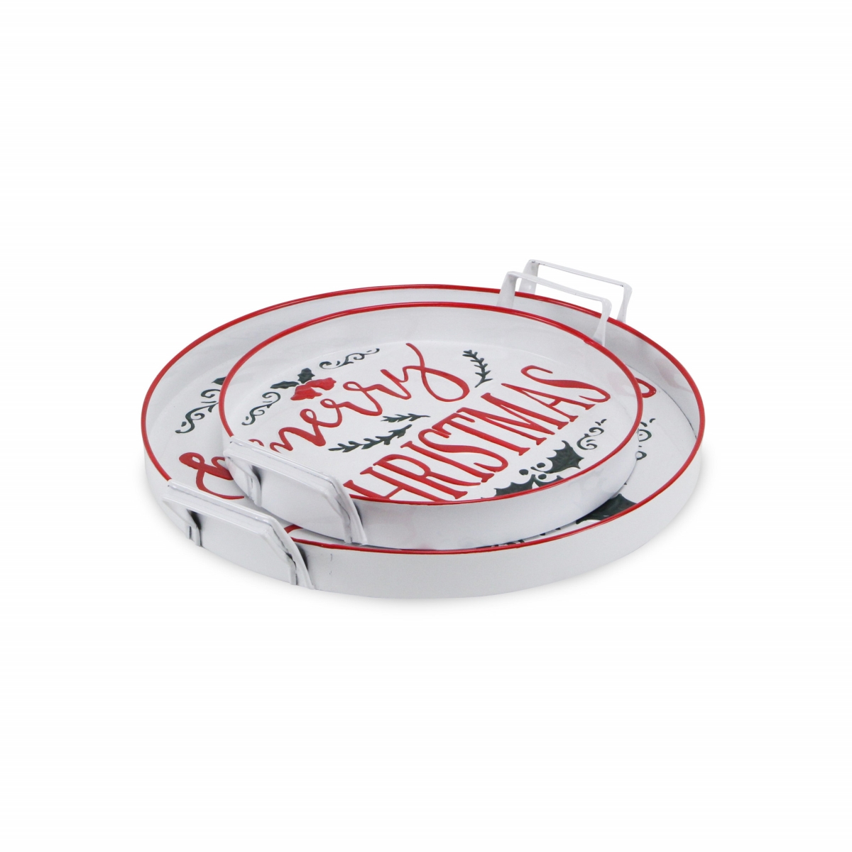 Picture of HomeRoots 483306 18 in. Round Metal Christmas Handmade Tray with Handles, White