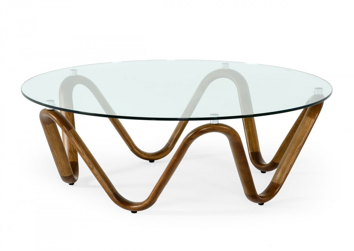45 in. Abstract Wood Round Coffee Table, Walnut & Clear Glass