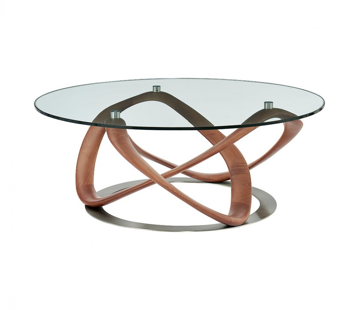 39 in. Abstract Round Coffee Table, Walnut & Clear Glass