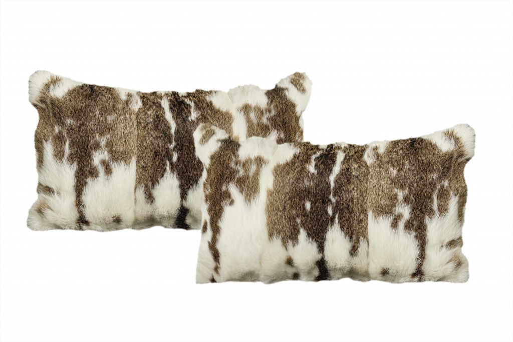 473925 12 x 20 in. Rabbit Natural Fur Animal Print Throw Pillows, Brown & White - Set of 2