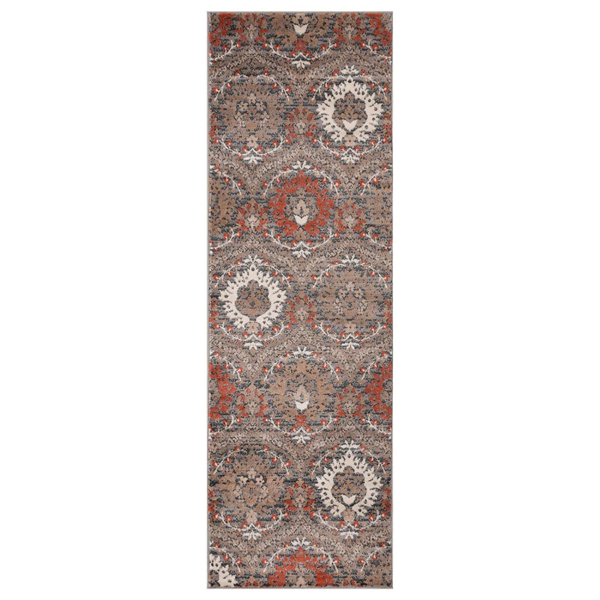 10 ft. Floral Stain Resistant Runner Rug, Rust & Gray