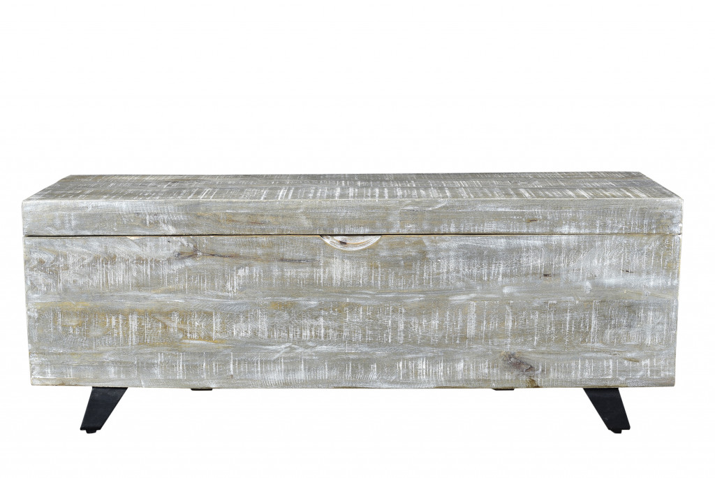 46 in. Solid Wood Entryway Bench with Flip Top, Whitewash Gray & Black