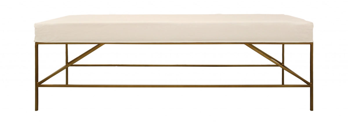 58 in. 100 Percent Linen Upholstered Entryway Bench, Ivory & Gold