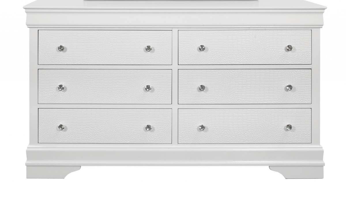 58 in. Solid Wood Six Drawer Double Dresser, Metallic White