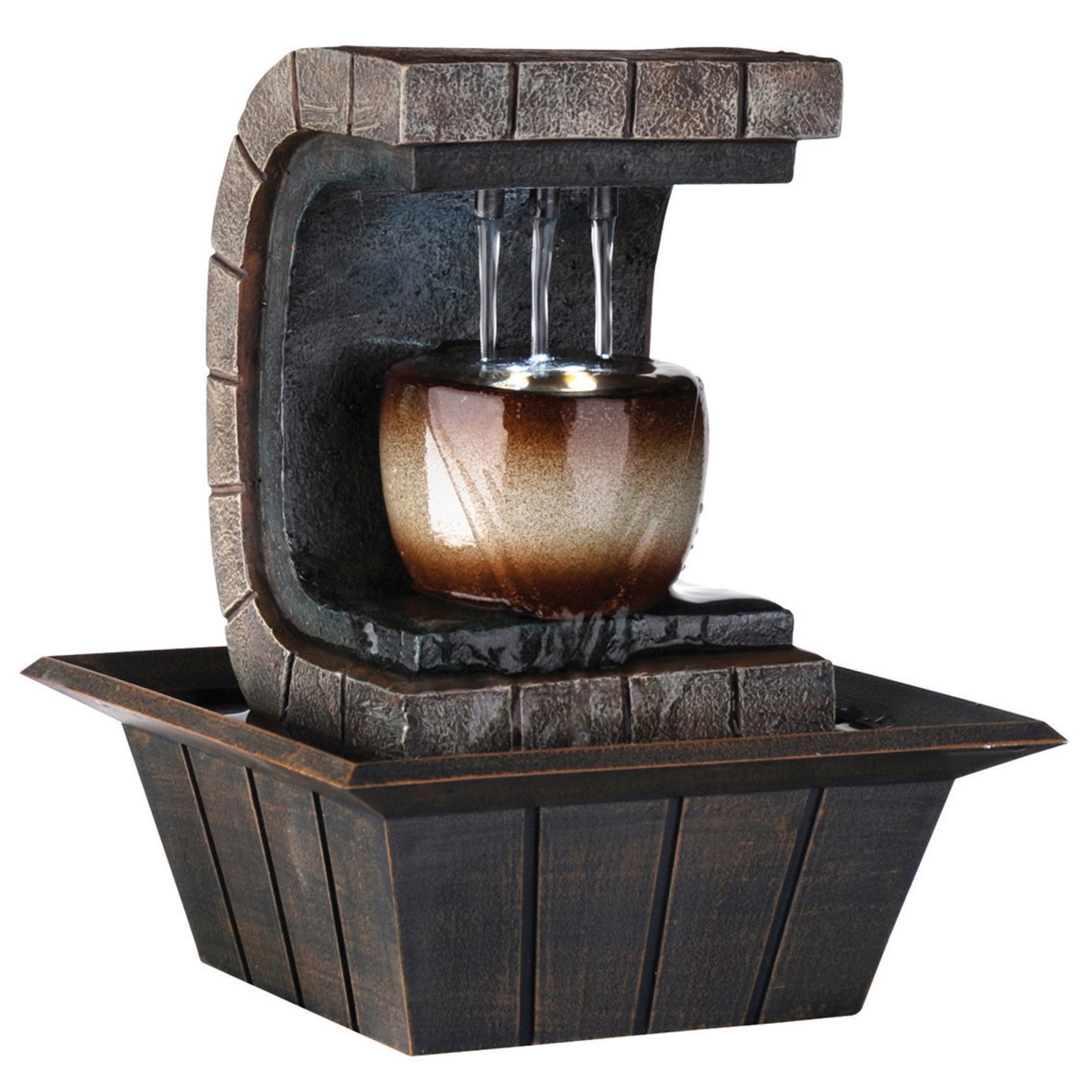 10 in. Textured Polyresin Tabletop Fountain with LED Light, Brown