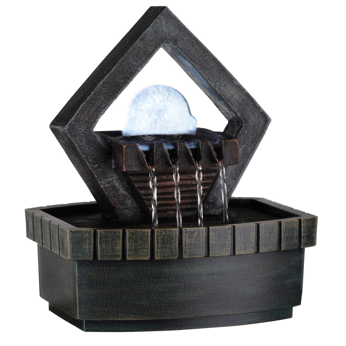 10 in. Polyresin Geo & Pebbles Tabletop Fountain with LED Light, Brown