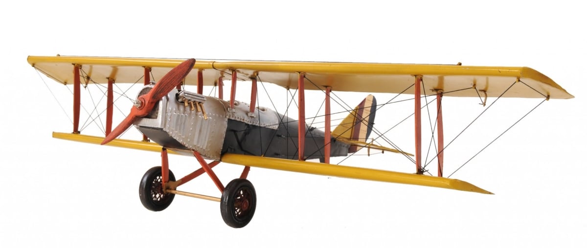 8 in. Metal Hand Painted Airplane, Yellow, Red & Gray