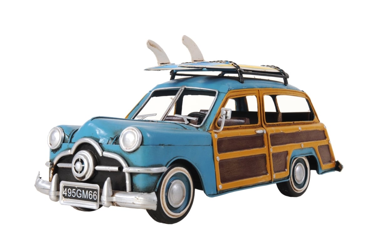 6 in. Metal Hand Painted Decorative Car, Blue & Yellow