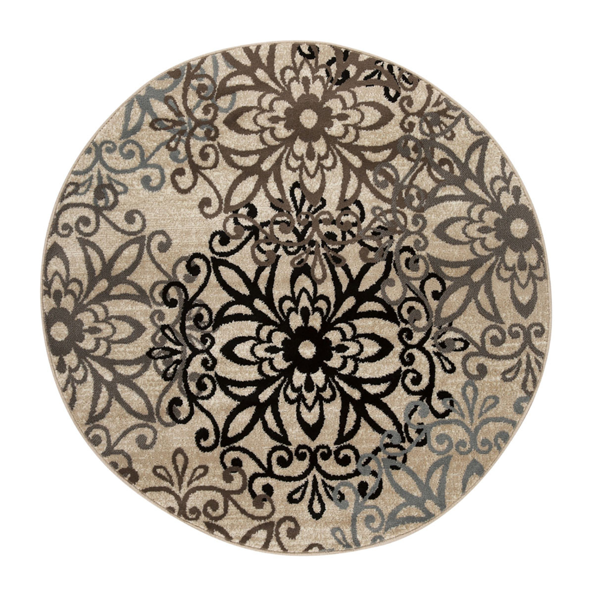 8 ft. Floral Medallion Stain Resistant Round Area Rug - Tan - Gray & Black