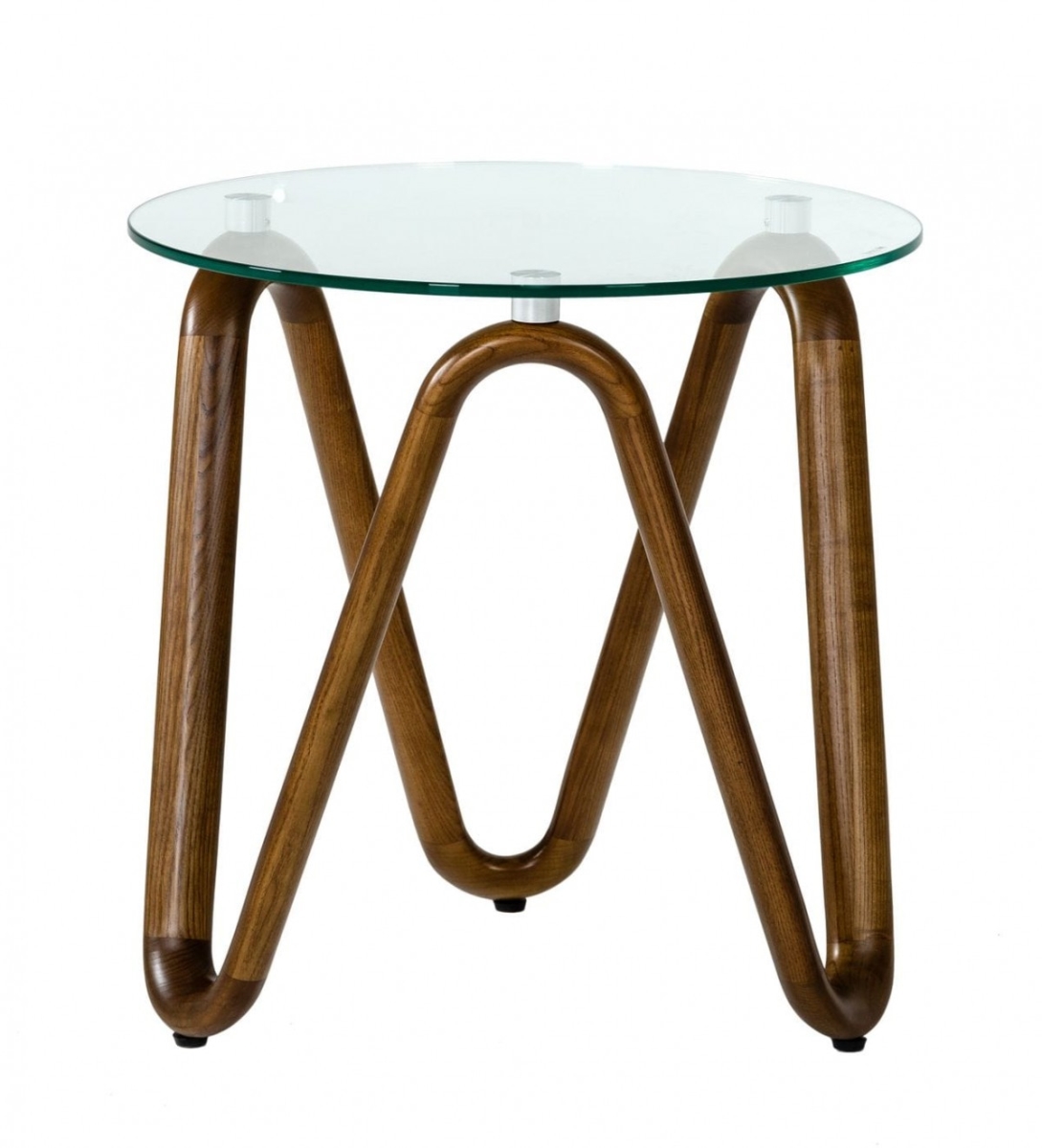 487351 20 in. Glass Solid Wood Ribbon Base Round End Table, Walnut & Clear