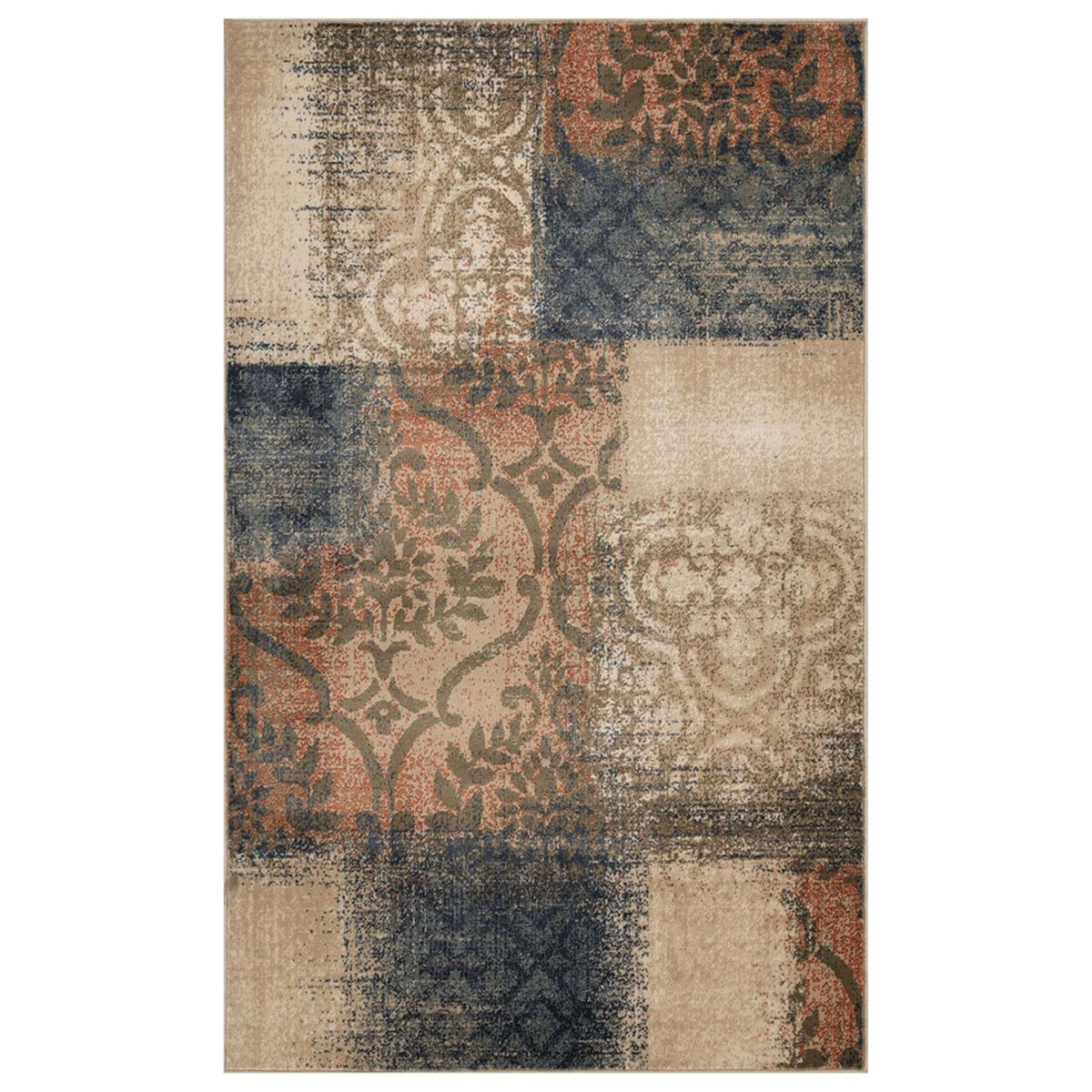 5 x 8 ft. Damask Distressed Stain Resistant Rectangle Area Rug - Navy & Salmon