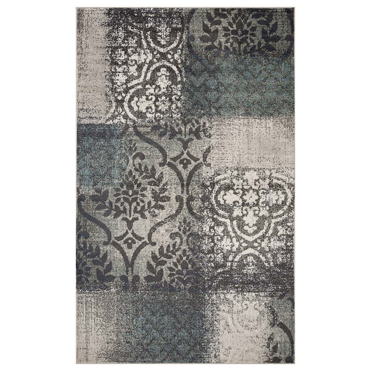 Damask Distressed Stain Resistant Rectangle Area Rug - Teal & Gray - 7 x 9 ft.