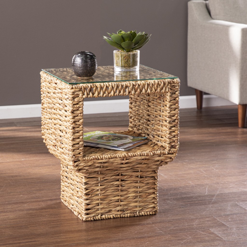 23 in. Glass & Rattan Wicker Square End Table, Brown & Clear