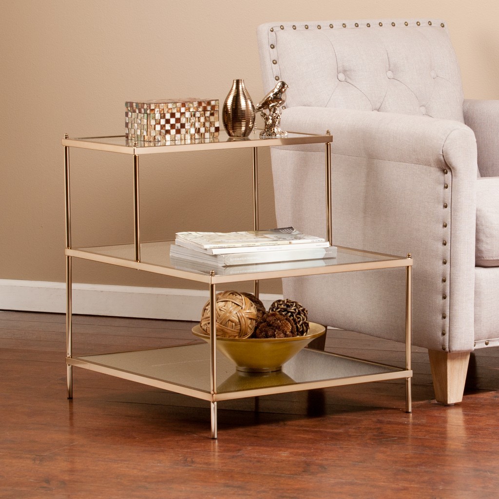 402266 24 in. Glass Tiered Rectangular End Table, Gold & Clear