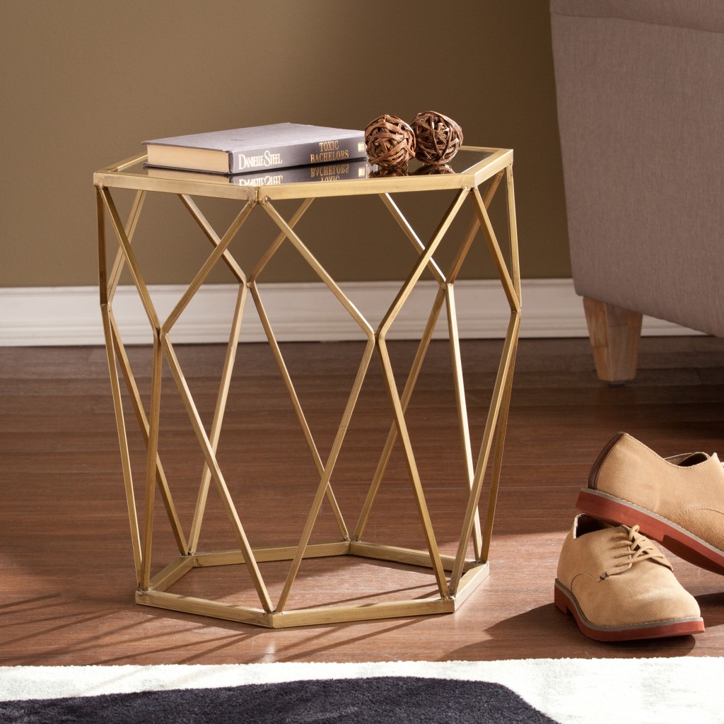 19 in. Reflective Glass Hexagon Mirrored End Table, Gold
