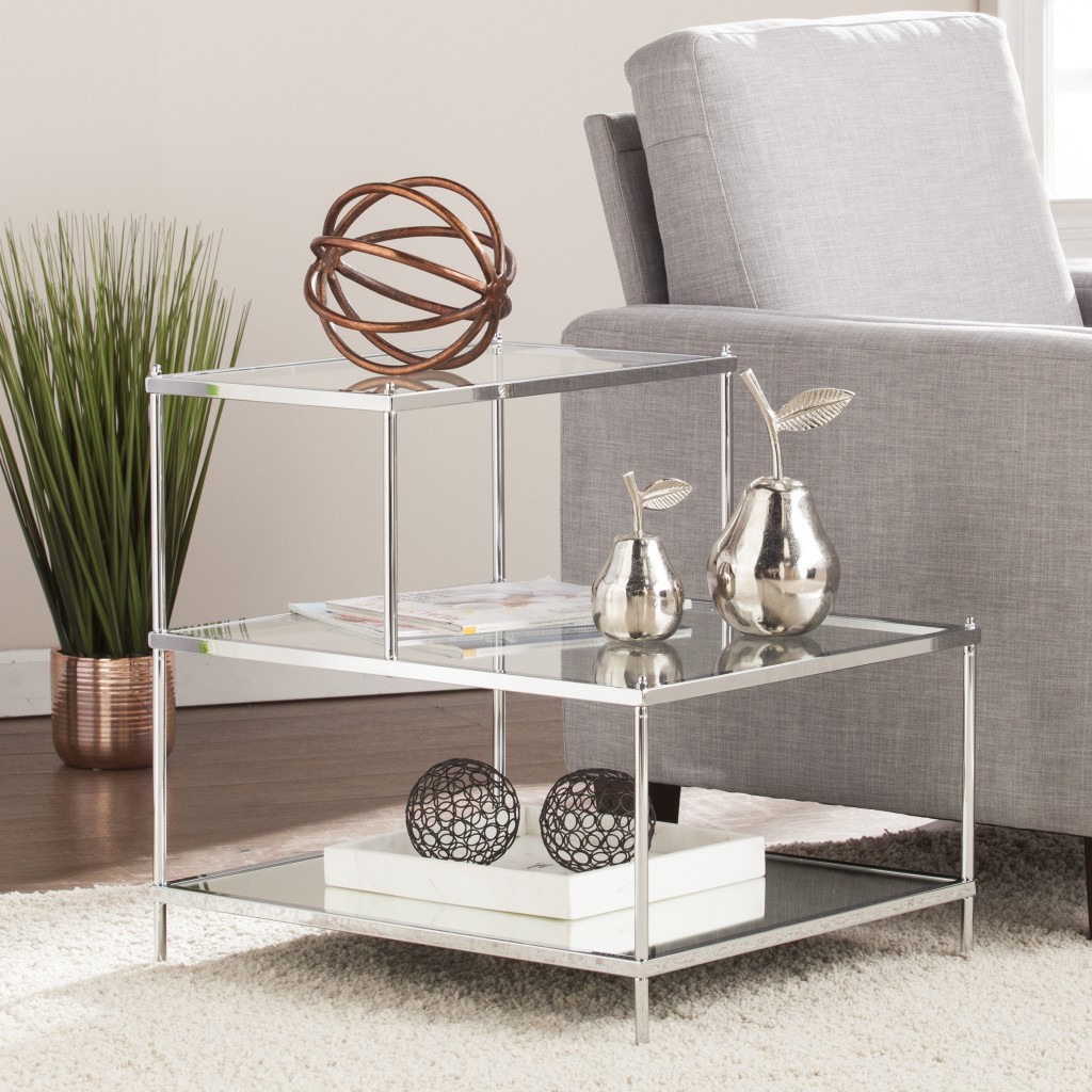 24 in. Clear Glass Tiered Rectangular End Table, Silver