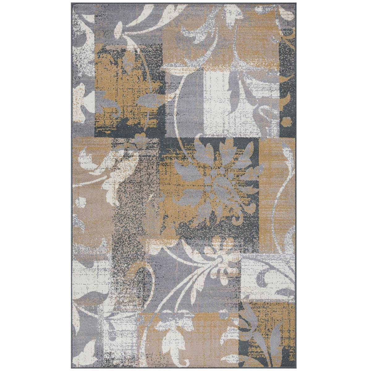 487003 7 x 9 ft. Floral Power Loom Distressed Stain Resistant Rectangle Area Rug, Beige & Gray