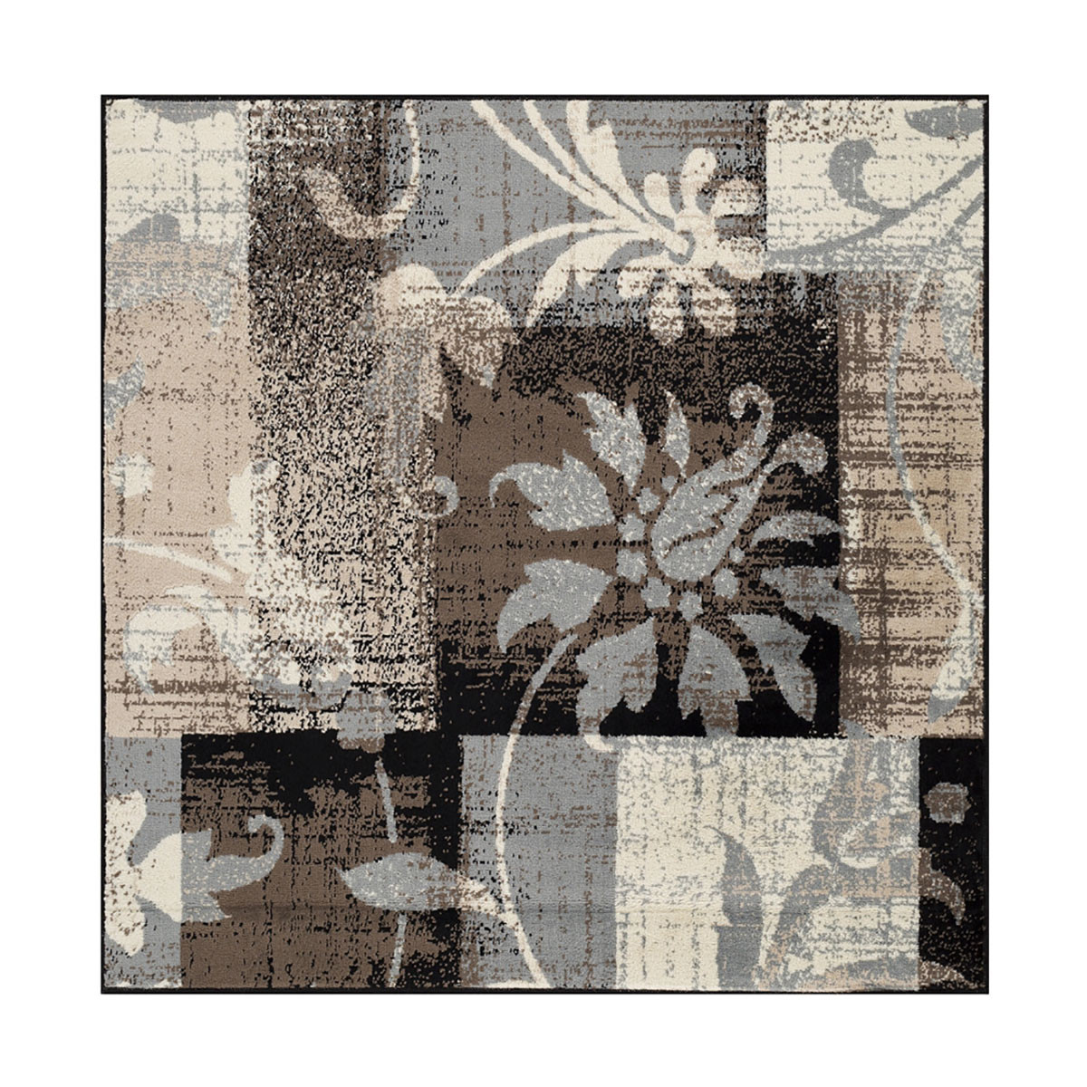 487011 8 ft. Square Floral Power Loom Distressed Stain Resistant Square Area Rug, Beige & Gray