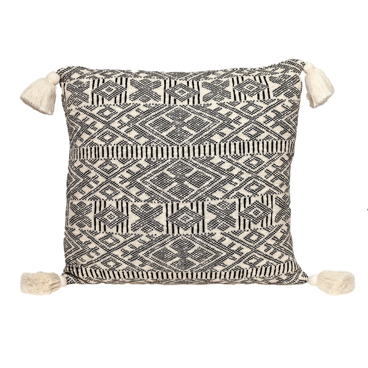 20 x 20 in. Bohemian Pattern Square Accent Throw Pillow with Tassel, Black & Cream