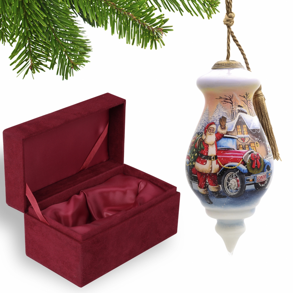Picture of HomeRoots 477437 Vintage Car & Santa Waving Hand Painted Mouth Blown Glass Ornament&#44; Multi Color