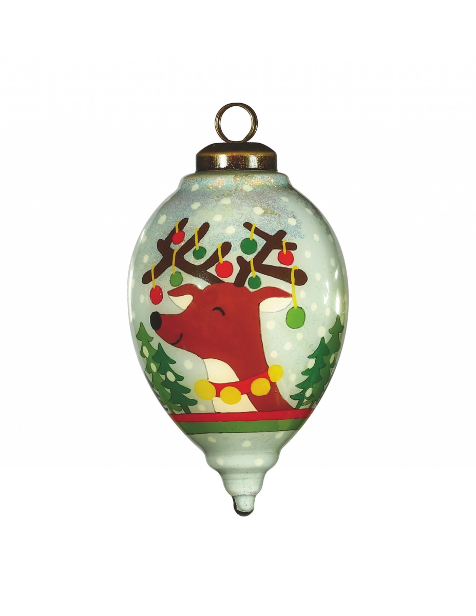 Picture of HomeRoots 477465 Festive Glitter Reindeer with Lights Hand Painted Mouth Blown Glass Ornament, Multi Color