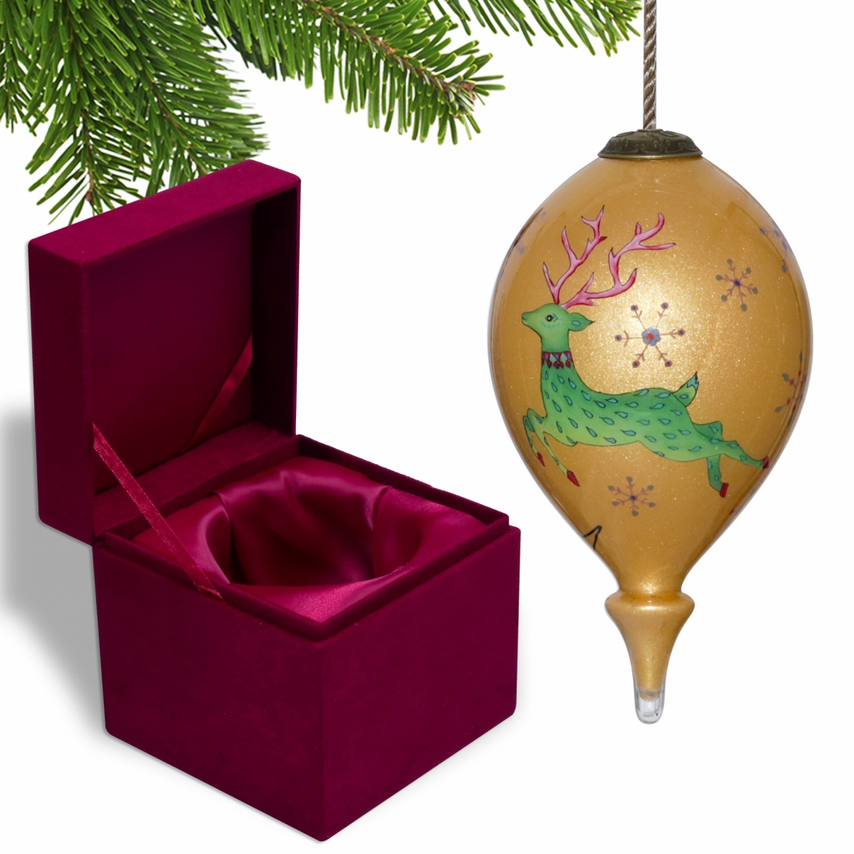 Picture of HomeRoots 477500 Golden Reindeer & Snowflakes Hand Painted Mouth Blown Glass Ornament&#44; Multi Color